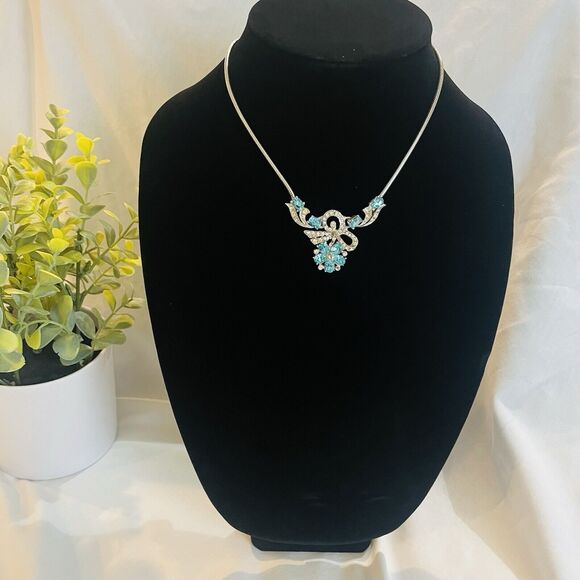 VTG Signed Joseph Wiesner NY Blue Clear Rhinestone Necklace READ - Picture 1 of 5